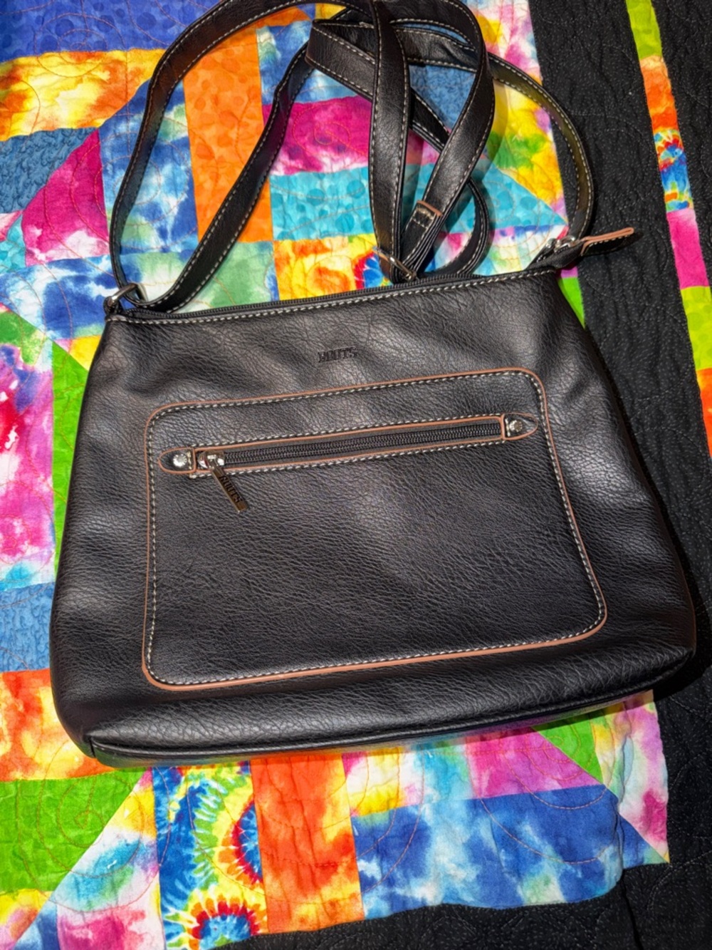 Roots Black Shoulder Bag with Brown Trim and Front Zip